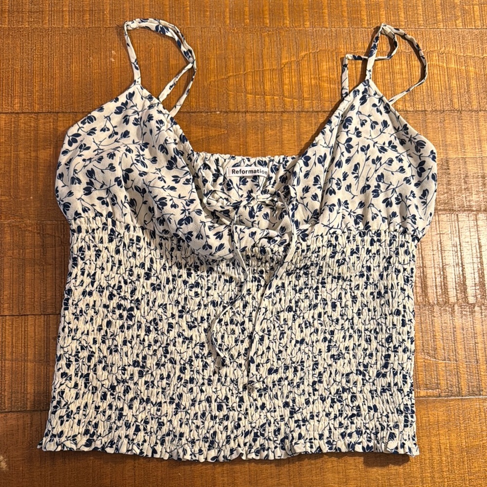 Reformation Navy Floral Shirred Cami Top